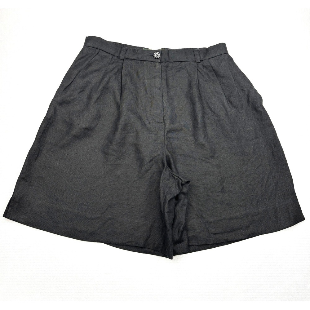Embassy Row Vintage Womens 14 Black 100% Pure Linen Pleated Bermuda Shorts